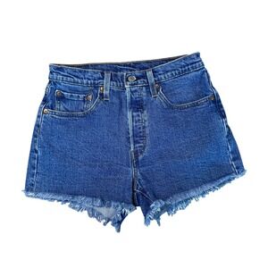 Levis 501 Original High Rise Denim Shorts Medium Wash Raw Hem Blue Womens 27